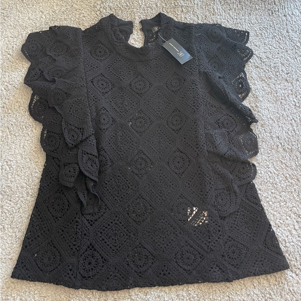 Luxe Black Crochet Ruffle Blouse
